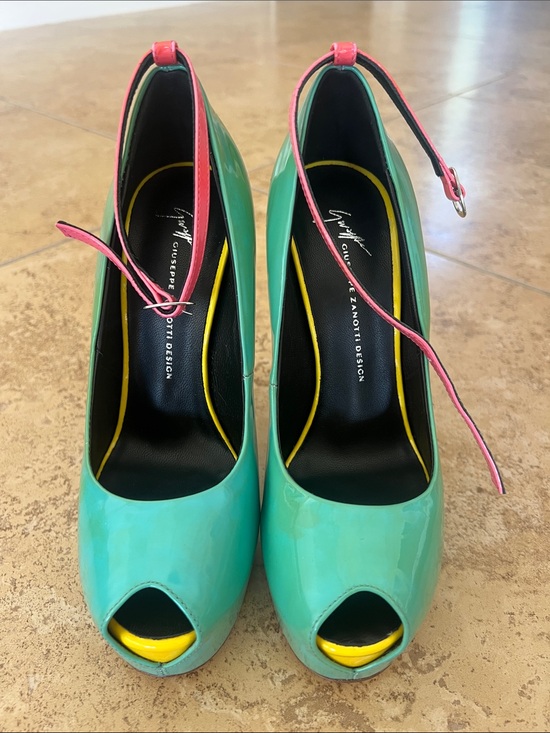 Giuseppe Zanotti Shoes - Giuseppe Zanotti Turquoise Patent Peep-Toe Pumps with Pink Ankle Straps